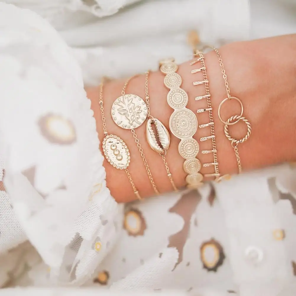6Pcs Vintage Women Ring Leaf Totem Shell Charm Bracelet Bangle Wrist Jewelry Gift high quality alloy bracelets vintage bracelet | Украшения