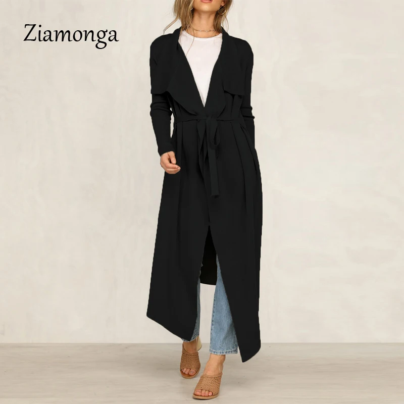 Black Ziamonga весеннее женское длинное пальто с отложным воротником Harajuku Женский Тренч Casaco Feminino Abrigo Mujer trench Femme - Цвет: Black