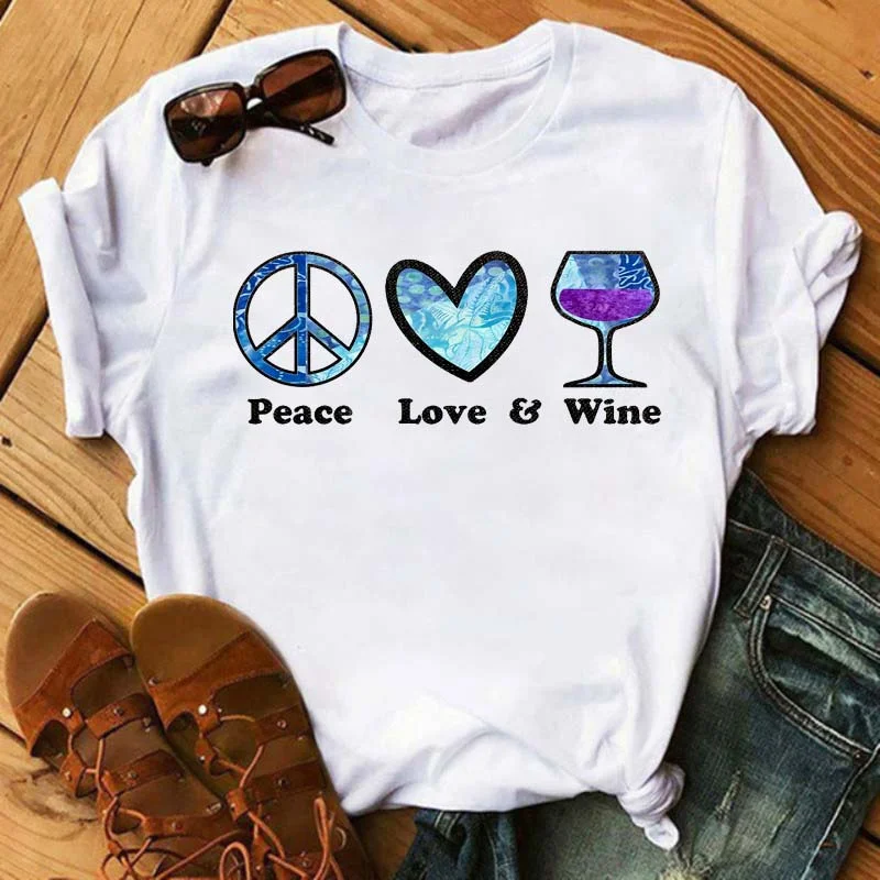 Maycaur T-Shirt Women Rose Gold Wine Glasses Print White and Black T-Shirt Summer Casual Loose Plus Size T Shirt Female Tops Tee cute summer crop tops Tees