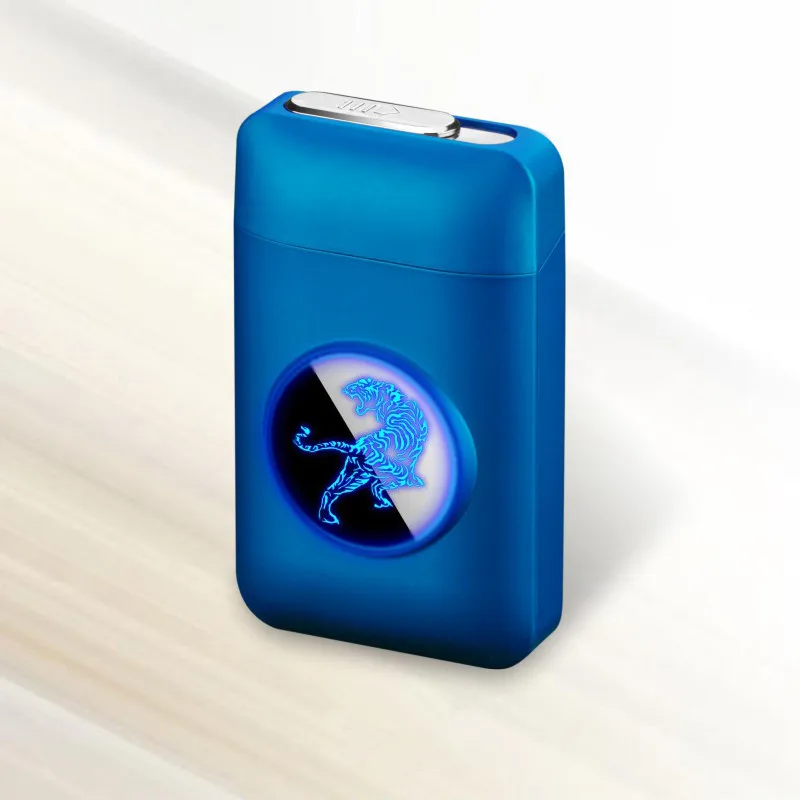 blue tiger USB перезарядка зажигалка и чехол для сигарет креативный Графический светодиодный дисплей USB зарядка ветрозащитная беспламенная электронная зажигалка - Цвет: blue tiger