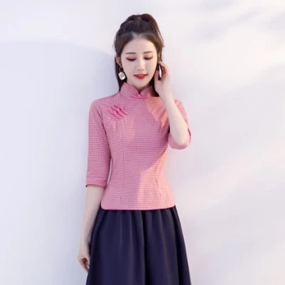 SHENG COCO традиционная китайская одежда для женщин, клетчатые полосатые рубашки и юбки, комплекты Hanfu, хлопковый классический красивый китайский костюм - Цвет: Red tops