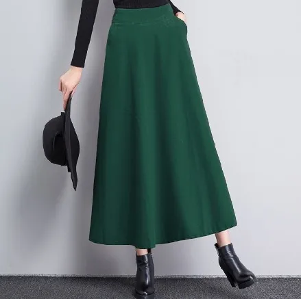 S-2XL, длинные шерстяные юбки для женщин, элегантная женская юбка с высокой талией, зима, повседневные плотные теплые макси юбки с карманами для женщин DS8044 - Цвет: Dark green