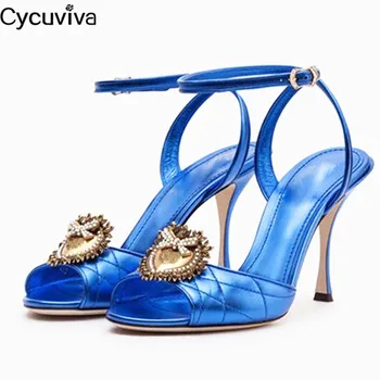 

Runway Heart Decor High Heels Sandals Women Peep Toe Mules Summer Crystal Gladiator Sandals Thin High Heels Party Shoes Woman