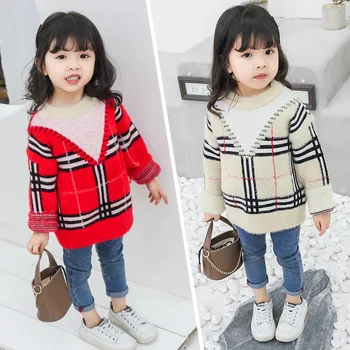 

2019 Autumn Children's Comfortable Sweater Girls Imitation Velvet Plaid Fake Two-piece Knit Tops Baby Clothing Wholesale CA123