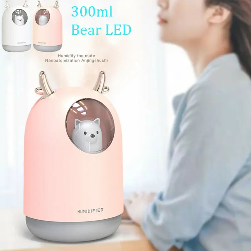 300ml LED Humidifier Cute Bear Ultrasonic Aroma Essential Oil Diffuser USB Air Purifier Home Office Car Living Room Bedroom
