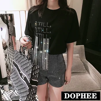 

2020 New Fashion Spring Summer Alphabet Rhinestone Tassel Chain Long T-shirt Women Short Sleeve Diamond Shiny Shirt Tops