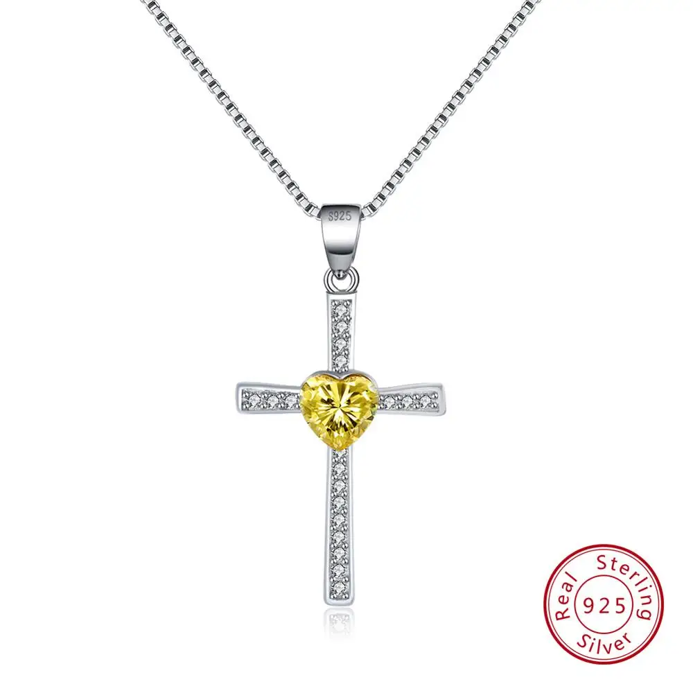 Yellow CZ Effie queen подлинное 925 пробы Серебряное ожерелье 6 цветов Сердце Циркон крест кулон ожерелье с 45 см серебряная цепь OSN88 - Цвет камня: Yellow CZ