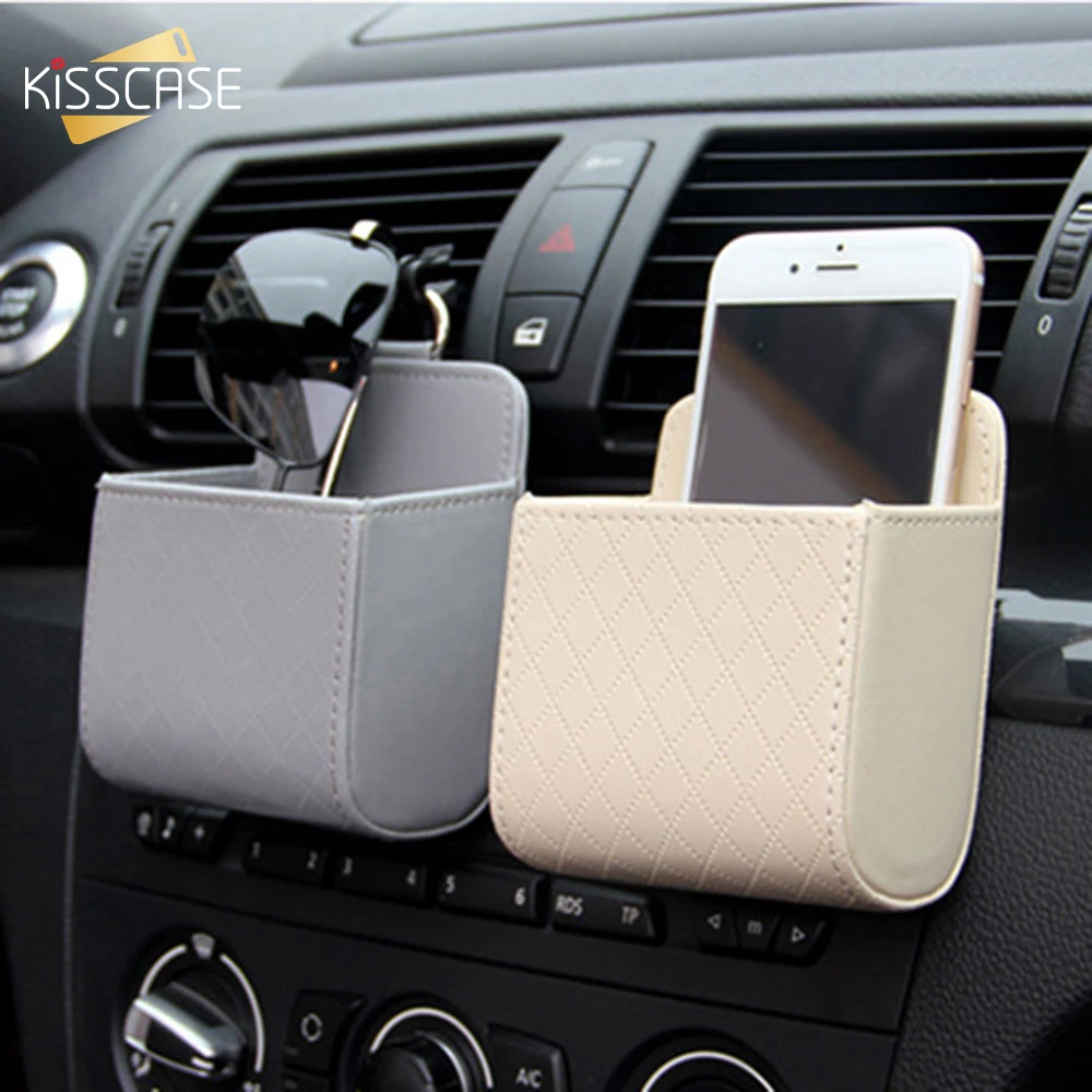 KISSCASE Luxury PU Leather Mobile Phone Case For Xiaomi Samsung iPhone Universal Car Air Outlet Storage Bag Case Accessories