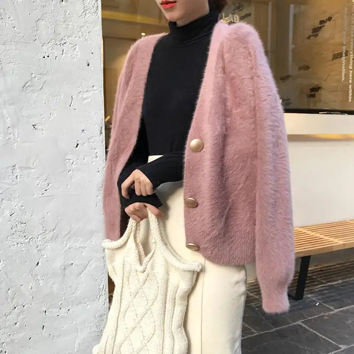 

Imitation mink velvet coat women's lazy wind V-collar Net red sweater knitted cardigan button coat