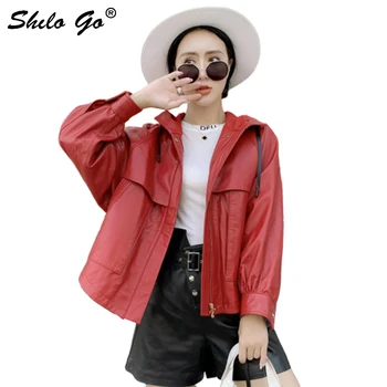 

Genuine Leather Jacket Highstreet Plus Size Hooded Batwing Sleeve Solid Sheepskin Coat Women Casual Oversized Outwear Female