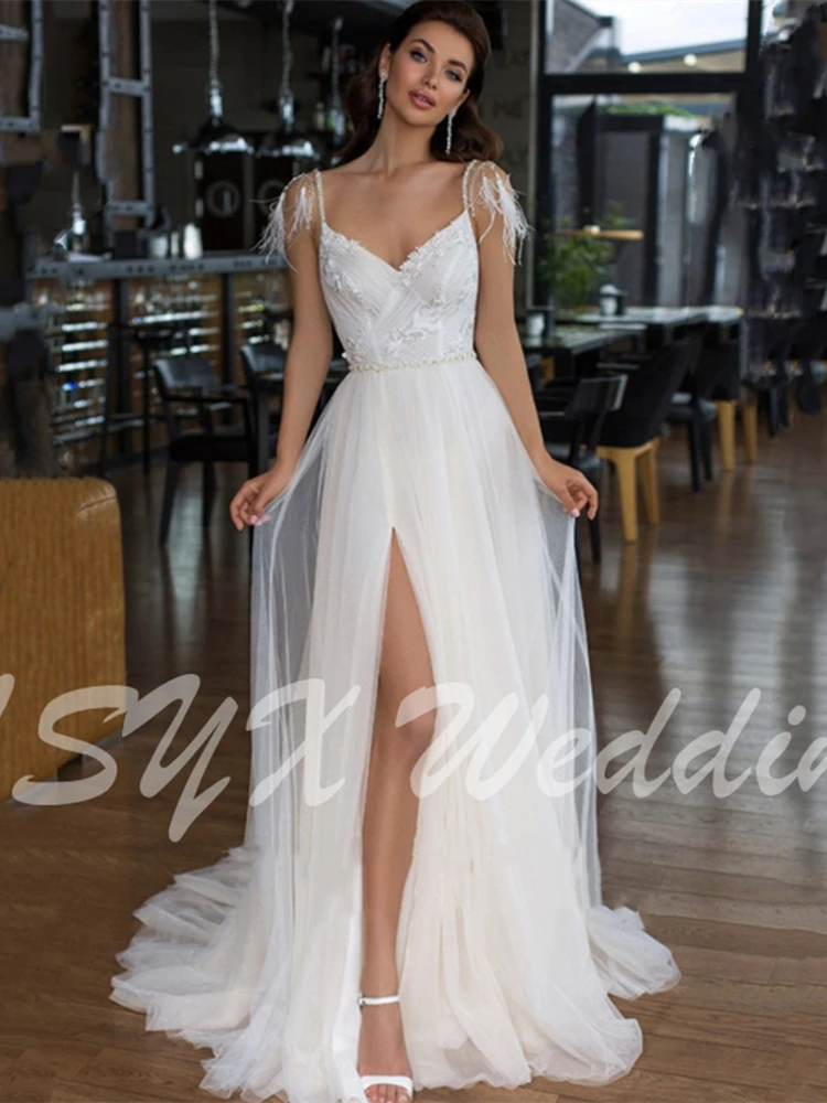 reception dress for bride 2021 Sexy Wedding Dresses With Slit V Neck Bridal Dresses Sleeveless Backless Robe De Soirée De Mariage Tulle Vestidos De Noiva grace kelly wedding dress