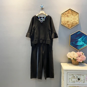 

[EWQ] 2020 Spring Summer New Arrivals O-neck Ruffles Pullover T-shirt Loose Ankle-length Pants Women Casual Two Piece Set AW242