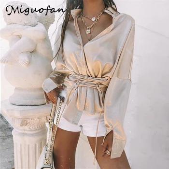 

Miguofan blouse women satin silk solid shirts bandage high waist fashion button blouse shirts female tops blusas mujer 2020 new