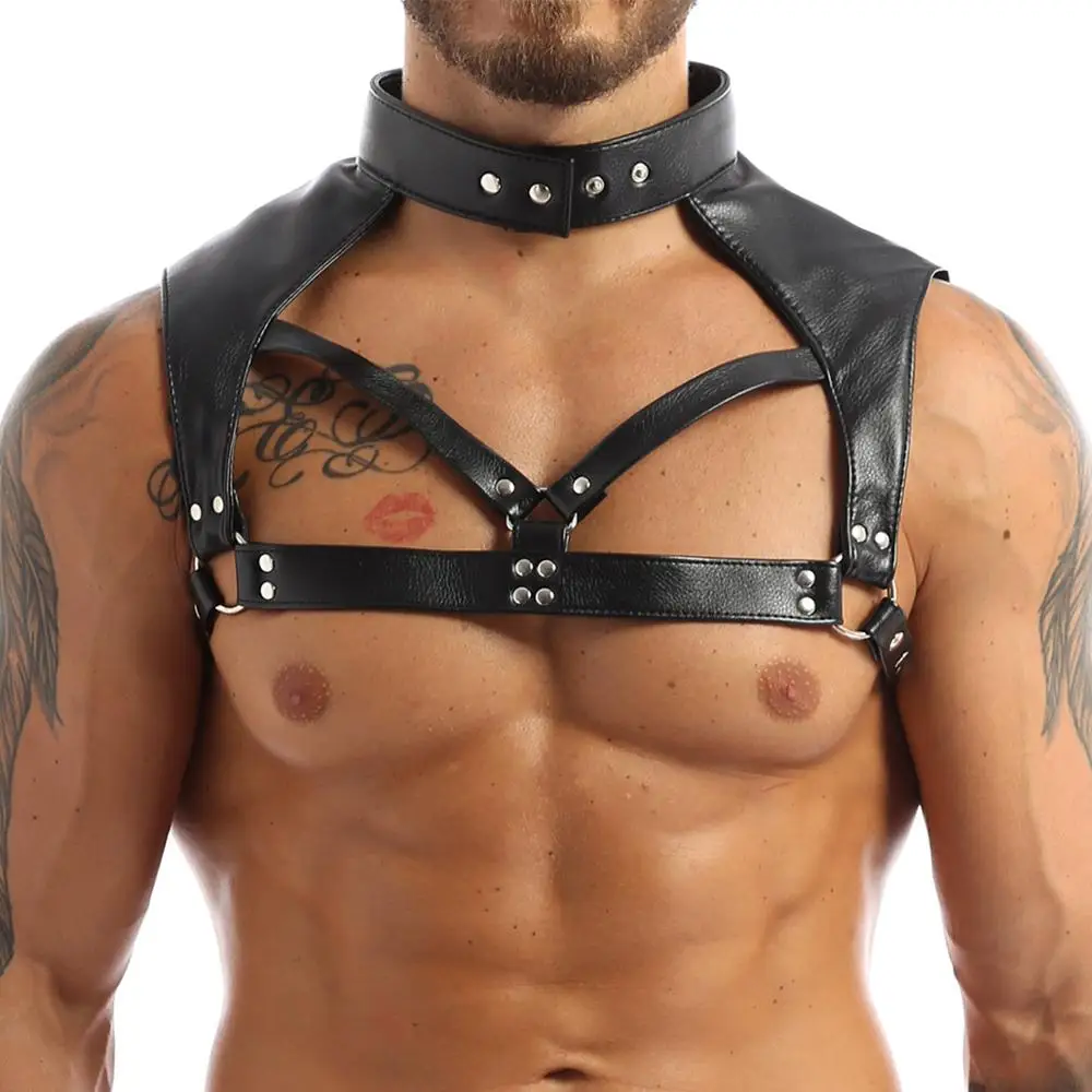 iEFiEL Men Faux Leather Adjustable Wetlook Body Chest Harness Bondage Costume with Choker Neck Press Buttons for Nightclub Party