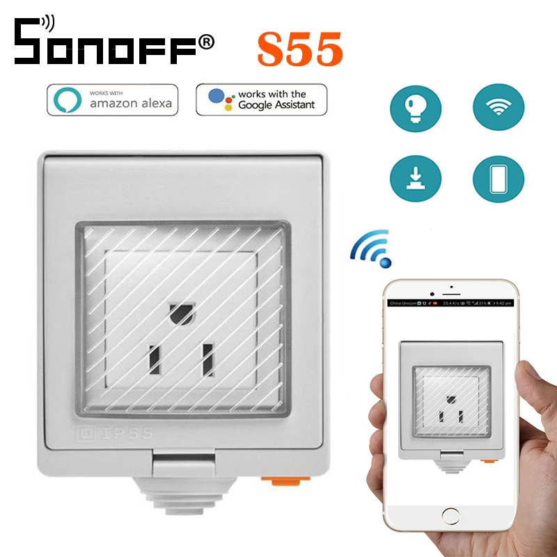 

SONOFF S55 Waterproof IP55 Wifi Smart Power Socket, Timer Outdoor EU/UK/US/ZA/AU Plugs APP/Vocie Remote Control Works with Alexa