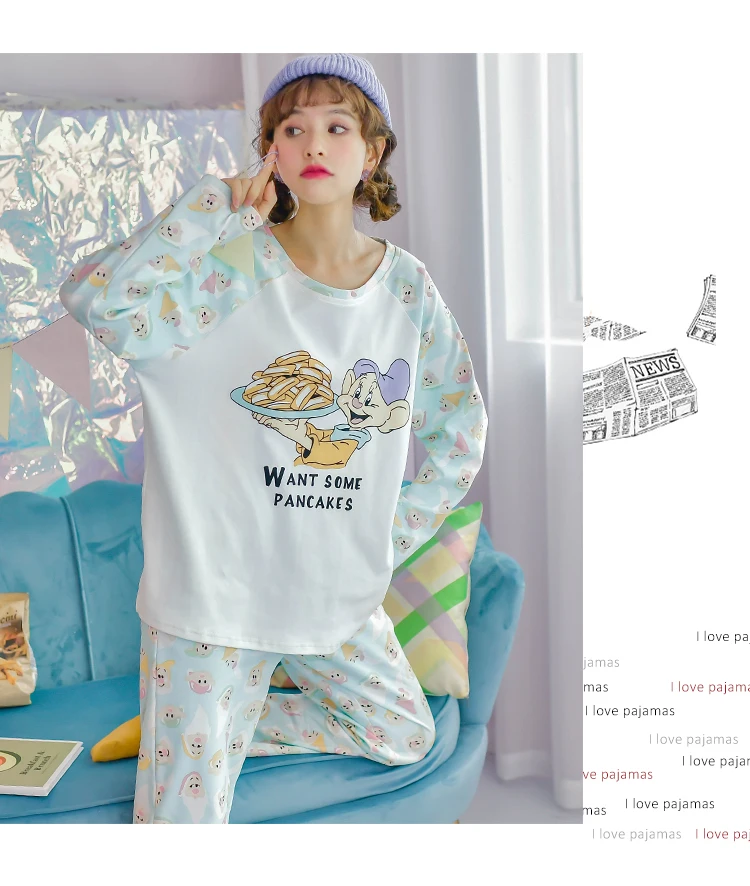 Disney Cartoon Snow White Dwarf Long Pajamas Set Lady Autumn Winter Cotton Long Sleeve Trousers Suit Printing Kawaii Pyjamas Set