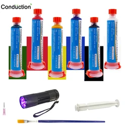 Masque de soudure UV 10ML, encre BGA PCB, peinture de carte mère 5 couleurs flux de soudage à l'huile, prévention de l'arc corrosif + brosse + lumière led 