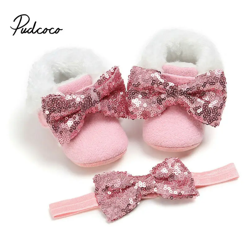 Pudcoco/обувь для маленьких девочек с бантом и блестками; обувь принцессы для новорожденных; обувь для малышей+ повязка на голову; обувь для дня рождения для маленьких девочек