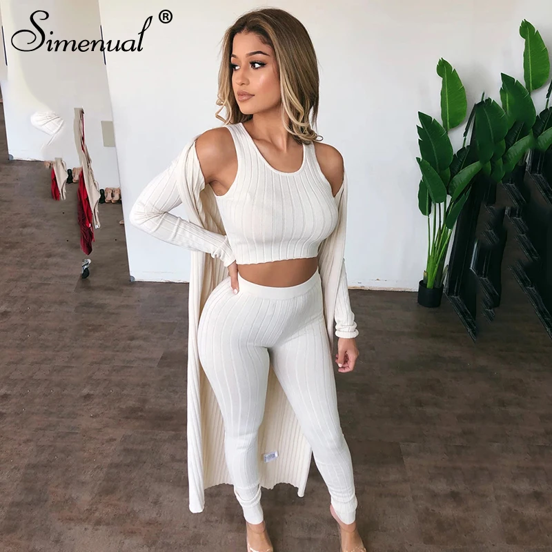 

Simenual Fashion Basic Ribbed Casual Matching Sets Women Sleeveless Bodycon Solid Two Piece Outfits Skinny Top And Panst Set New