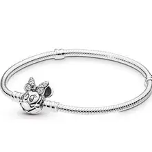 Подлинный 925 пробы серебряный браслет Минни Мерцающая портретная застежка змея цепь браслет подходит бисера Шарм Diy ювелирные изделия