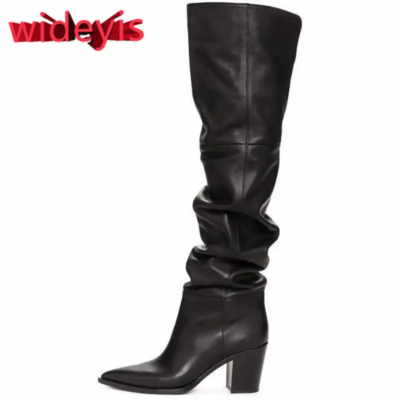 Genuine Leather boots women First layer leather over the knee high boots round head rubber bottom motorcycle boots women winter