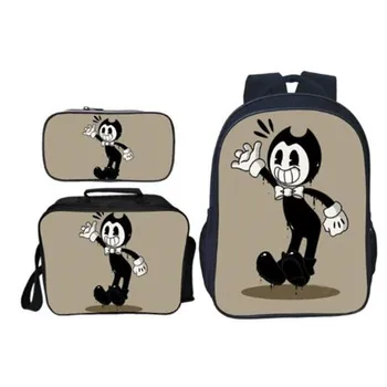 

3Set Bendy and The Ink Machine Full School Bag Backpack Messager Bag Lunch Box Case for Kids Children Boys and Girls Curel Fancl
