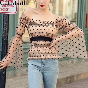 

Colorfaith New 2020 Spring Summer Women's Blouse Slash Neck Flare Sleeve Dots Lace Casual Elegant Shirts Wild Tight Tops BL9190