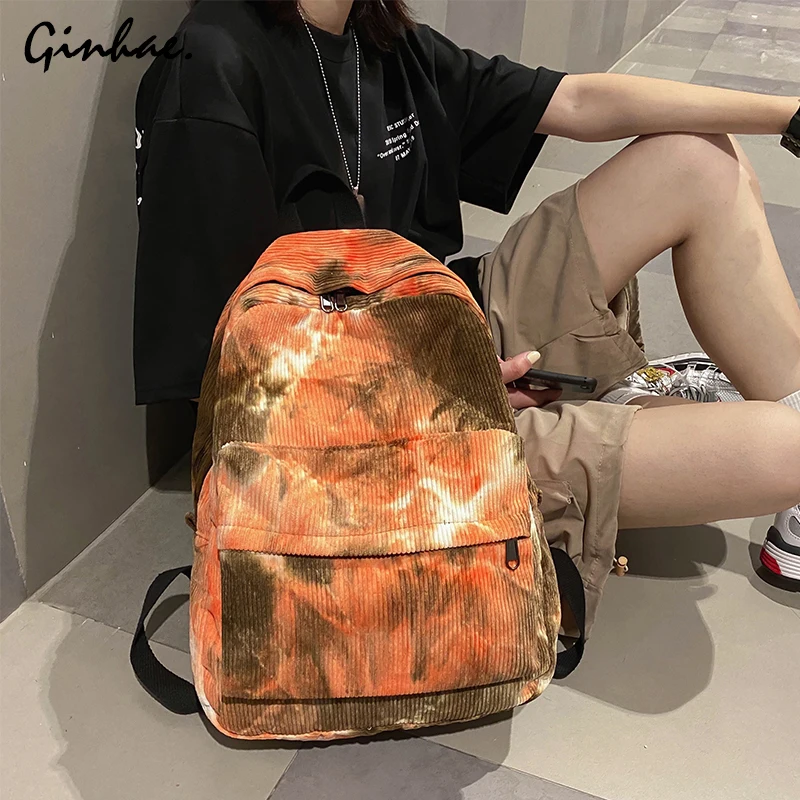 

Student Stripe Corduroy Backpack Cute Women School Bag Print Teenage Girl Large Capacity Backpack Kawaii Female Fashion Book Bag