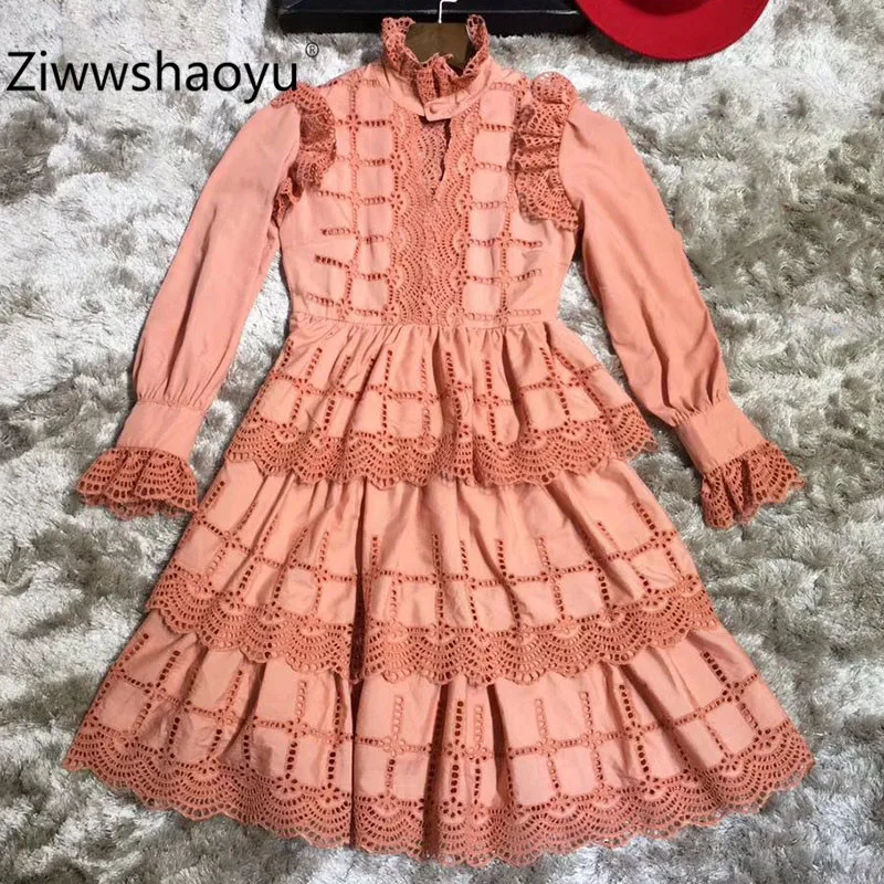 Ziwwshaoyu/высококачественное осенне-зимнее Открытое платье с вышивкой Женские рукава-фонарики с оборками повседневные платья для вечеринок