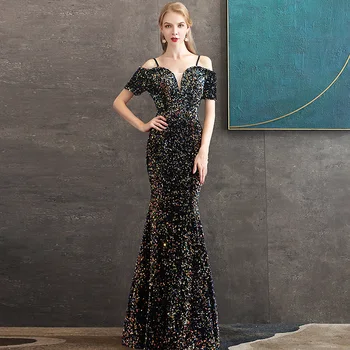 

2020 New Sequins Evening Dress Long Elegant Backless Mermaid Evening Gown Brilliant Sexy Sling Deep V-Neck Formal Dress