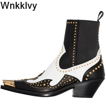

Gold rivets motorcycle boots women metal square toe chunky mid heel mixed colors stretch ankle boots western cowboy boots 2020
