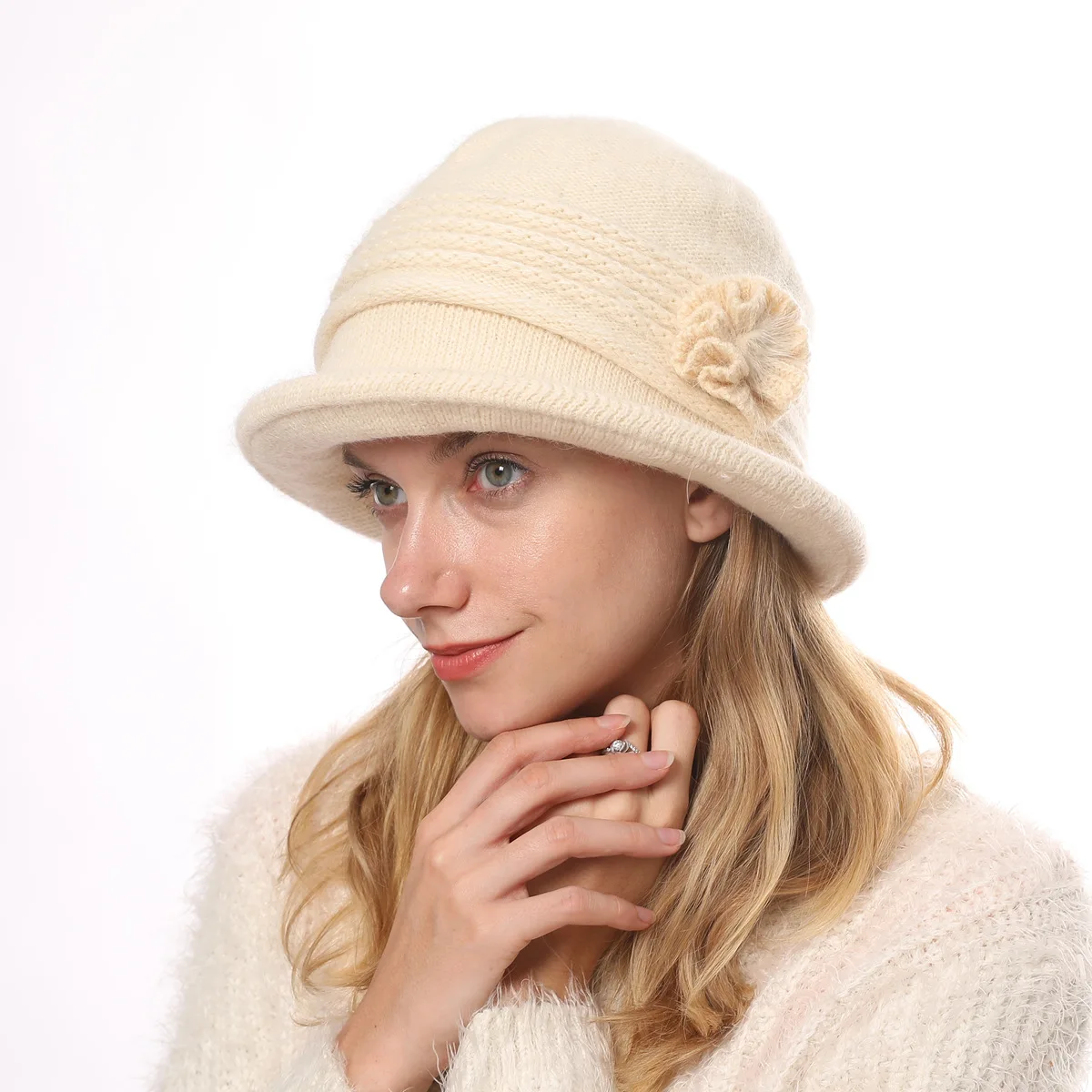 Sparsil женская зимняя шапка из кроличьей шерсти, осенняя вязаная элегантная Складная модная художественная шапка для рыбалки с цветком, шерстяные шапочки - Цвет: 3Beige