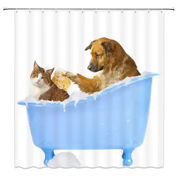 

Animals Shower Curtain Funny Pet Dog and Cat Showering Blue Bathtub Waterproof Polyester Home Bath Supplies Bathroom Decor