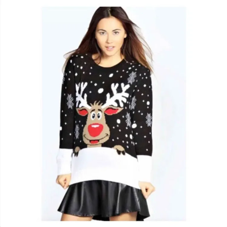 Women Christmas Deer Warm Knitted Long Sleeve Sweater Jumper Tops O-Neck Casual Ugly Blouse Christmas Sweater