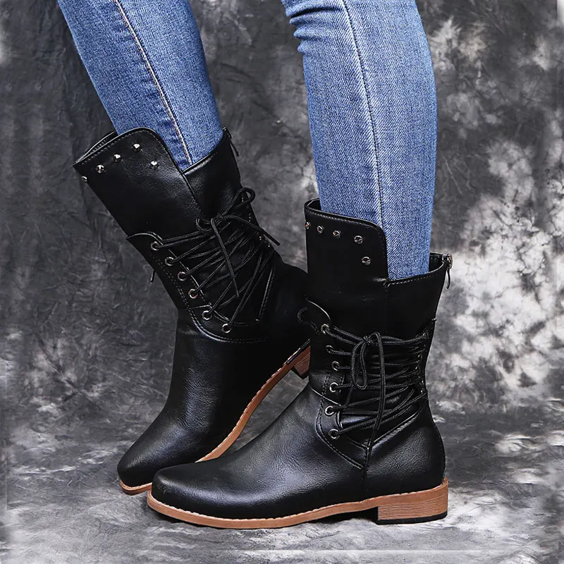 Women Flat PU Cowboy Leather Boots Female Cross-tie Rivet Mid-Calf Boots Ladies Low Square Heel Shoes