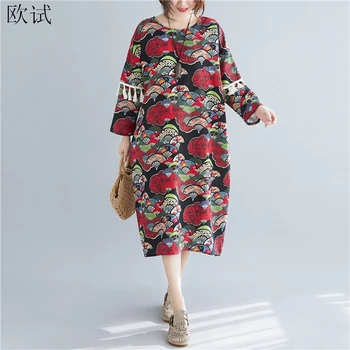 

Plus Size Long Double Sleeve 2020 Spring Dress Women Cotton Linen Vintage Floral Print Ladies Dresses Midi Casual Fringe Dress
