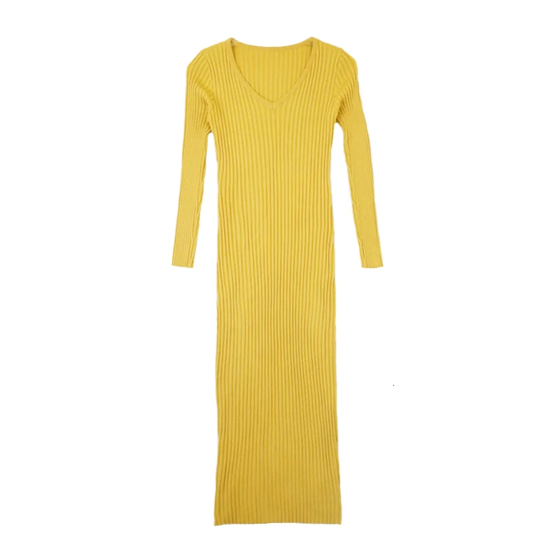

Casual Knitted Yellow Sweater Dress For Women Autumn Winter Elegant V-neck Long Sleeve Warm Bodycon Dresses Robe Pull Femme
