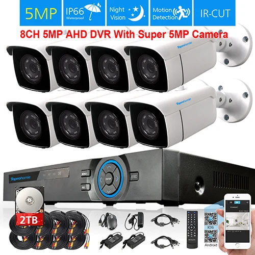Toprohoime H.265+ 8ch CCTV AHD DVR Системы HD 5MP 1/3 ''sony IP66 Антивандальная в/на открытом воздухе безопасности Камера комплект видеонаблюдения 2T - Цвет: 8 Bullet Camera