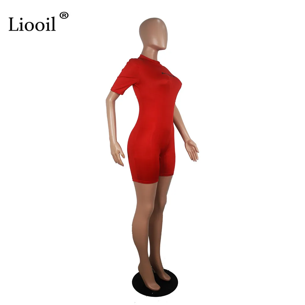 Liooil Letter Print Sexy Playsuit Women One Piece Tight Sporty Jumpsuit Short Sleeve Club Rompers Party Jumpsuits Shorts