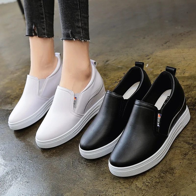 

2018 Autumn Versatile New Style Elevator Loafers Women's Thick Bottomed round-Toe White Shoes Casual Shoes Slip-on WOMEN'S Shoes