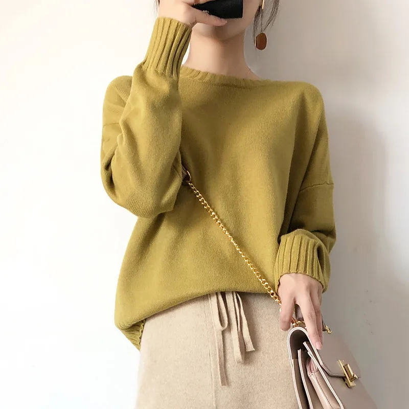 Autumn green LHZSYY/осень, новое женское Трикотажное изделие с круглым вырезом, свитер с длинными рукавами, однотонный пуловер большого размера, теплая джемпер - Цвет: Autumn green