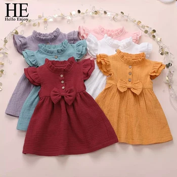 

HE Hello Enjoy Girls Dresses Cotton Linen Fly Sleeve Solid Color Ruffle Outfit Summer Kids Clothes Toddler Baby Girls Dress 1-5