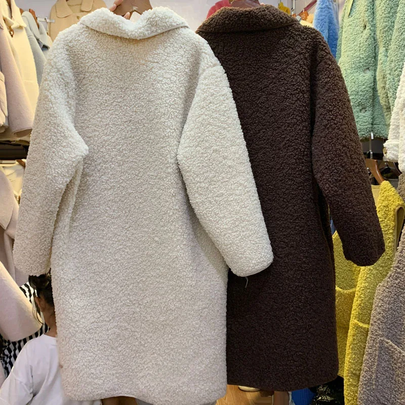 Autumn Winter Women Faux Lamb Wool Long Jacket Apricot Coffee Long Sleeve Casual Coat OL Lady Streetwear Overcoat 47.5-70kg