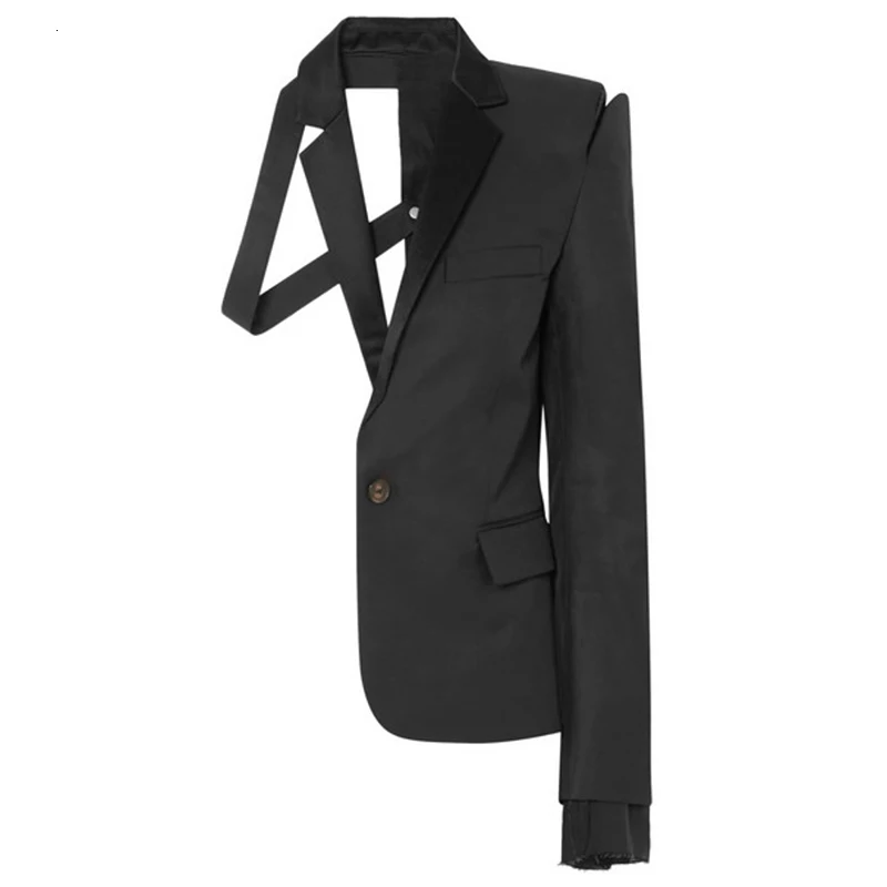[EAM] Свободная облегающая черная облегающая открытая куртка с одной стороны, новинка, Женское пальто с отворотом и длинным рукавом, модное осенне-зимнее 1A4470