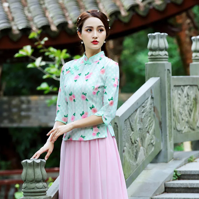 Sheng Coco Improve Qipao Blouse Pink Tops Traditional Chinese Blouse Slim Women's Stand Lead Printing Cotton Oriental Shirts