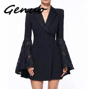

Spring Autumn Lapel Collar Lady Slim Blazer Flower Lace Hook Tuxedo Suits Double-breasted Flare Sleeves Stitching Long OL Jacket