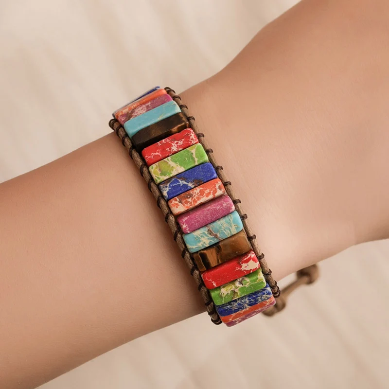 Chakra Bracelet Jewelry Handmade Multi Color Natural Stone Tube Beads Leather Wrap Bracelet Couples Bracelets Creative Gifts