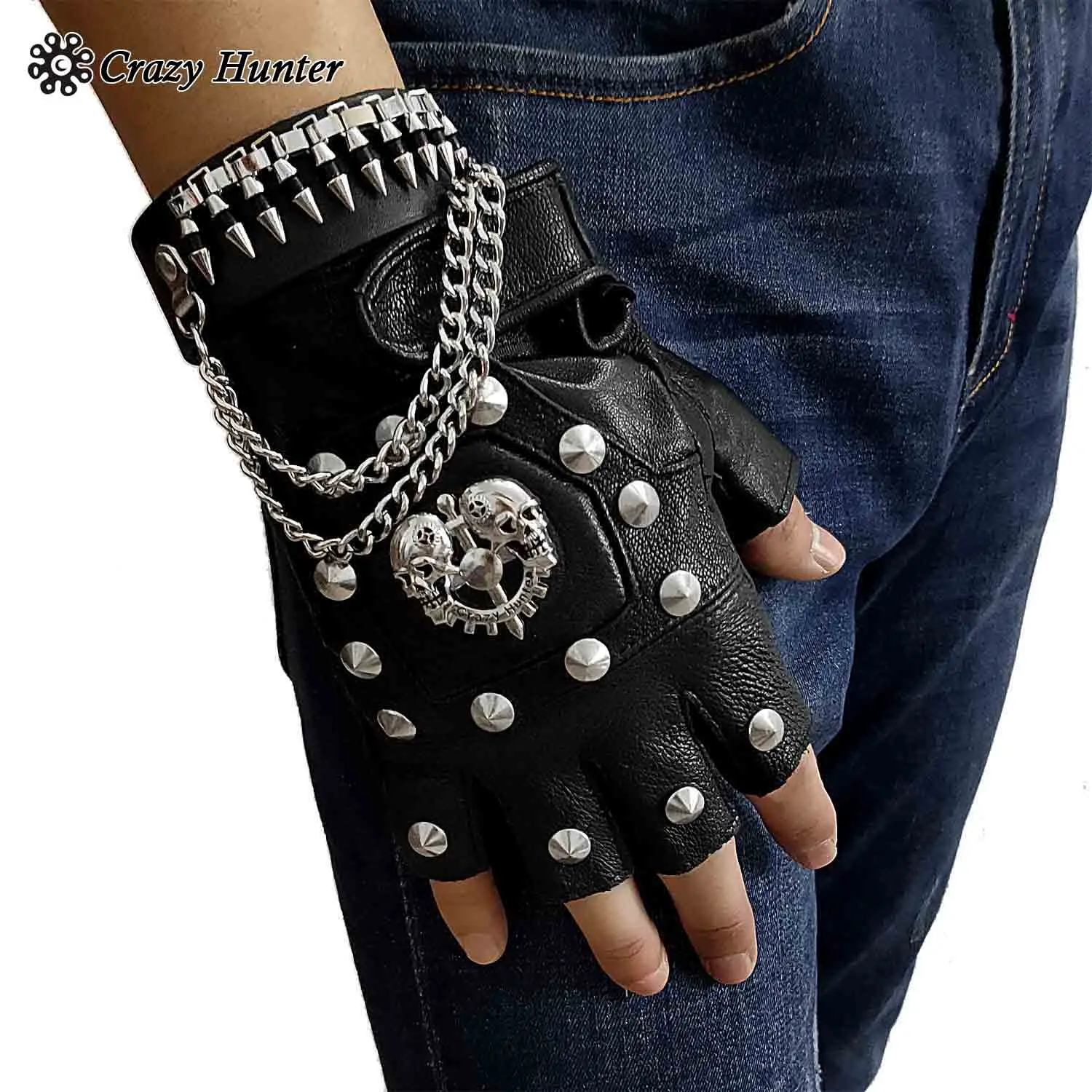 Punk Gothic Leather Pair Fingerless Biker Gloves With Skull Studded For