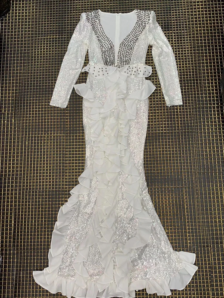Сетчатая Ткань сшивание повязка с блестками длинный рыбий хвост с длинным рукавом бисером Bodycon платье Вечерние белый Perspectiv