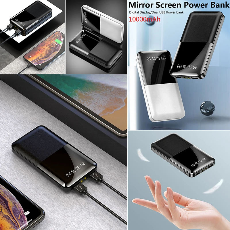 Внешний аккумулятор 10000 мАч для iPhone X Xiaomi Mi, внешний аккумулятор, 2 usb порта, внешний аккумулятор, портативный повербанк с фонариком